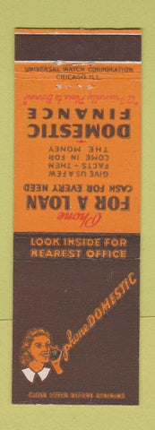 Matchbook Cover - Domestic Finance Cleveland Akron Youngstown OH