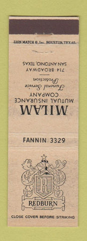 Matchbook Cover - Milan Insurance Redburn Funeral San Antonio TX WEAR