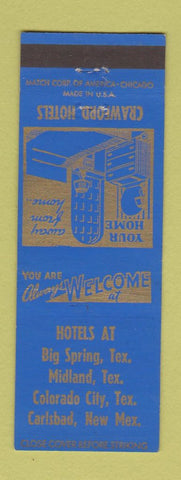 Matchbook Cover Crawford Hotels Midland Big Spring Colorado City TX Carlsbad NM