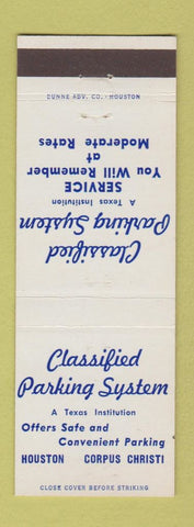Matchbook Cover - Classified Parking System Houston Corpus Christi TX