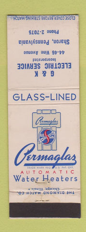 Matchbook Cover - Permaglas Water Heaters G&K Electric Sharon PA