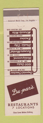 Matchbook Cover - Du-par's Restaurant Hollywood Studio City Encino CA
