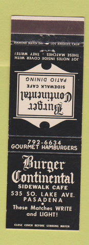 Matchbook Cover - Burger Continental Restaurant Pasadena CA