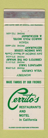 Matchbook Cover - Cerrito's Motel Monterey Visalia San Simeon CA WEAR