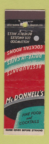 Matchbook Cover - McDonnell's Restaurant Hollywood Los Angeles Beverly Hills CA