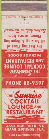 Matchbook Cover - Sunrise Cocktail Lounge Miami Springs FL WEAR