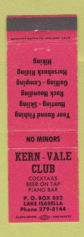 Matchbook Cover - Kern Vale Club Lake Isabella CA ORANGE
