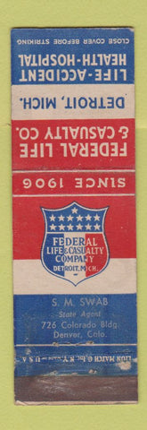 Matchbook Cover - Federa Life Casualty Insurance Detroit MI Denver WEAR