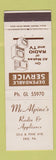 Matchbook Cover - McAlpine's Radio Appliance Erie PA