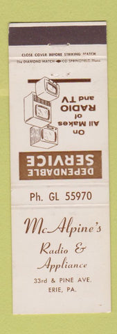 Matchbook Cover - McAlpine's Radio Appliance Erie PA