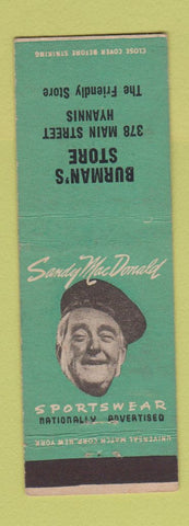 Matchbook Cover - Burman's Store Hyannis MA Sandy MacDonald Men's Clothes