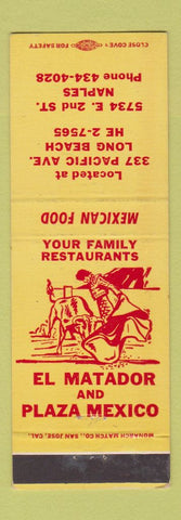 Matchbook Cover - El Matador Plaza Mexico Mexican Food Long Beach CA Naples