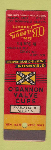 Matchbook Cover - O'Bannon Valve Cups well pumping Tulsa OK Fort Worth TX SAMPLE