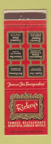 Matchbook Cover - Rickey's Restaurants Salinas San Francisco Palo Alto CA