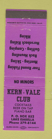 Matchbook Cover - Kern Vale Club Lake Isabella CA PURPLE