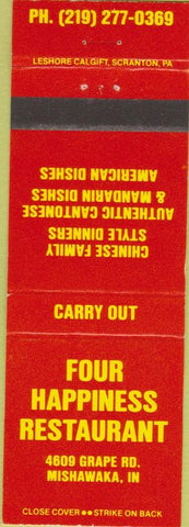 Matchbook Cover - Four Happiness Restaurant Chinese food Mishawaka IN