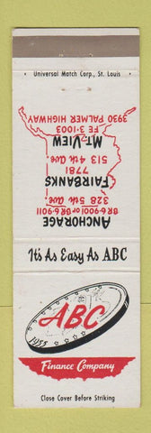 Matchbook Cover - ABC Finance Anchorage Fairbanks Mt View AK