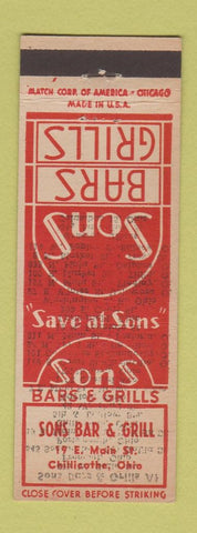 Matchbook Cover - Sons Bar Grills Chillicothe OH PRINTING ERROR