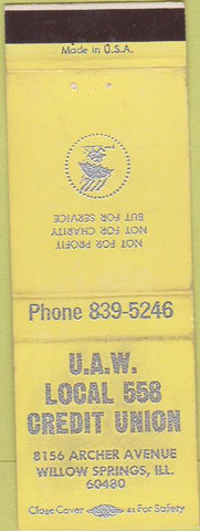 Matchbook Cover - United Auto Workers Union Willow Springs IL yellow