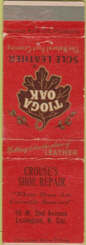 Matchbook Cover - Tioga Oak Sole Leather Shoe Repair Lexington NC CREASE
