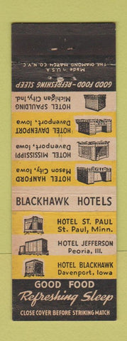 Matchbook Cover - Blackhawk Hotels Mason City Davenport IA Peoria IL St Paul MN