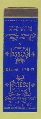 Matchbook Cover - Passy Restaurant New York City SAMPLE WEAR