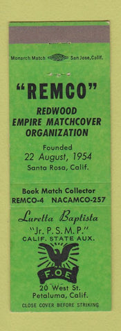 Matchbook Cover - REMCO Match Club Elks Lodge Petaluma CA 1954