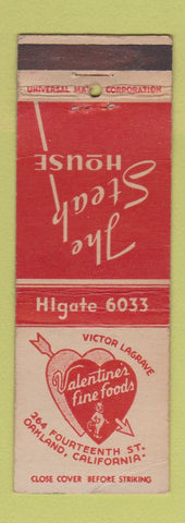 Matchbook Cover - Valentine's Fine Foods Steak Oakland CA