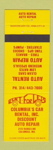 Matchbook Cover - Columbia's Car Rental Repair Columbia MO