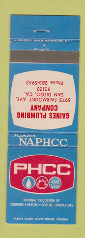 Matchbook Cover - PHCC Plumbing Heating Cooling Gaines San Diego CA
