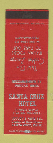 Matchbook Cover - Santa Cruz Hotel Santa Cruz CA Italian