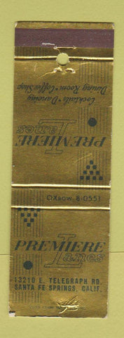 Matchbook Cover - Premiere Lanes Bowling Santa Fe Springs CA WEAR
