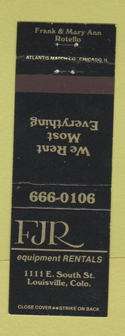 Matchbook Cover - FJR Equipment Rentals Louisville Colorado
