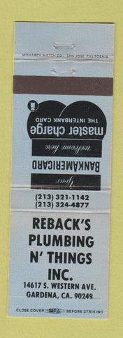 Matchbook Cover - Reback's Plumbing N Things Gardena CA