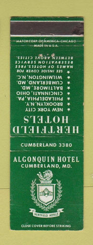 Matchbook Cover - Algonquin Hotel Cumberland MD Hertfield WEAR