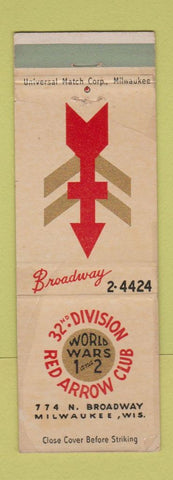 Matchbook Cover - 32nd Division Red Arrow Club Milwaukee WI WORN