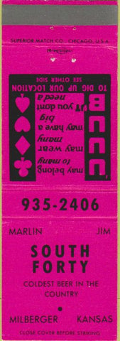 Matchbook Cover - South Forty Bar Milberger KS