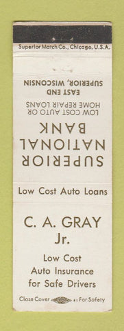 Matchbook Cover - Superior National Bank Superior WI CA Gray Insurance