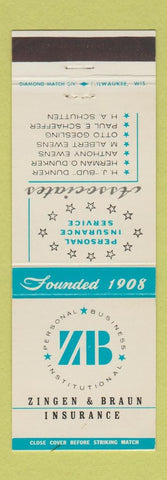 Matchbook Cover - Zinger and Braun Insurance Milwaukee WI
