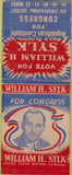 Matchbook Cover - William Sylk Election PA Congress 6th Reading BOBTAIL