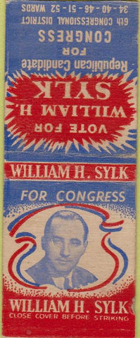 Matchbook Cover - William Sylk Election PA Congress 6th Reading BOBTAIL