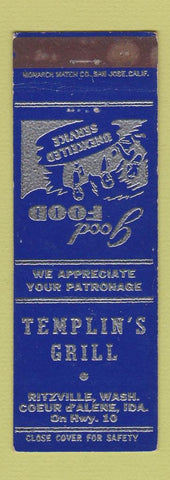 Matchbook Cover - Templin's Grill Coeur D'Alene ID WEAR