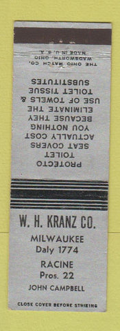 Matchbook Cover - WH Kranz Company Milwaukee Racine WI CREASE
