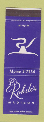 Matchbook Cover - Rohde's Madison WI restaurant