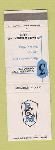 Matchbook Cover - Farmers and Merchants Bank Memonomee Falls Lannon Sussex WI