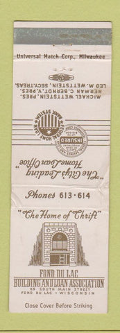 Matchbook Cover - Fond Du Lac Building Building and Loan WI WORN