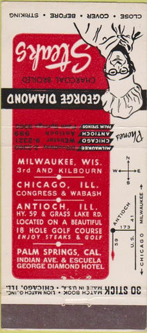 Matchbook Cover - George Diamond Steak Chicago Antioch Milwaukee 30 Stick