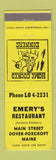 Matchbook Cover - Emery's Restaurant Dover Foxcroft ME