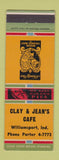 Matchbook Cover - Clay & Jean's Cafe Williamsport IN