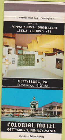 Matchbook Cover - Colonial Motel Gettysburg PA 30 Strike